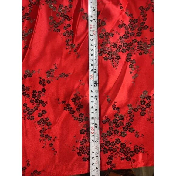 Y2K Red Halter Midi Oriental Asian Satin Feminine Prom Floral Jacquard Dress - L - Picture 11 of 11